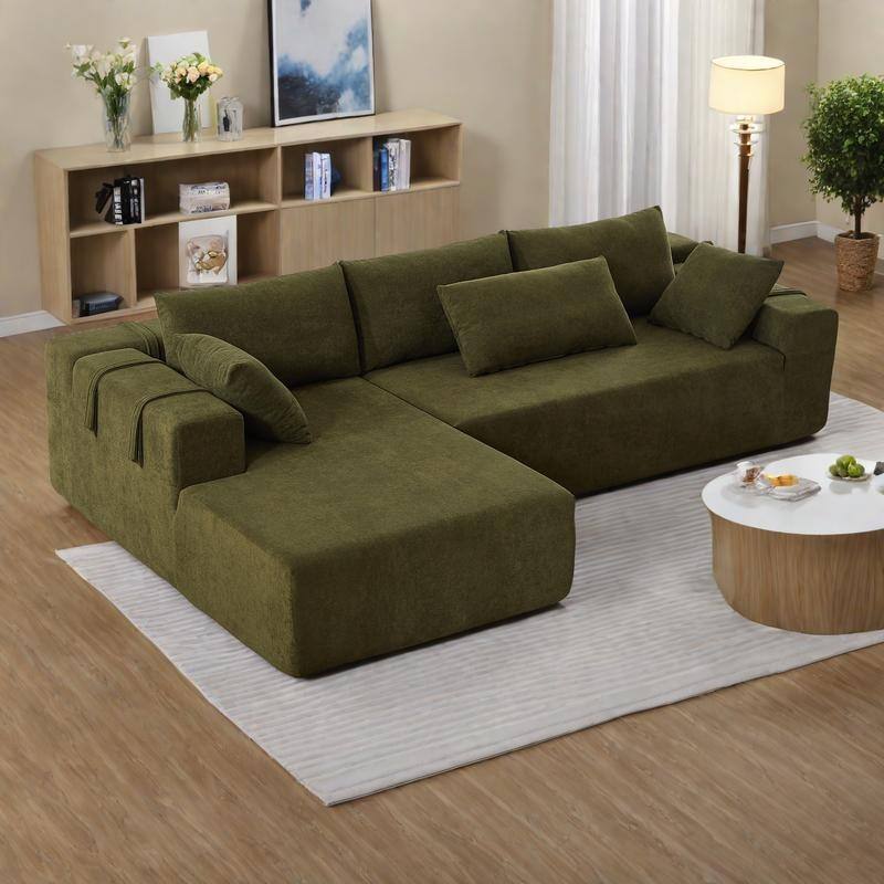 108" Chenille Modular L-Shaped Sectional Sofa with 6 Pillows, Reversible Chaise - Green