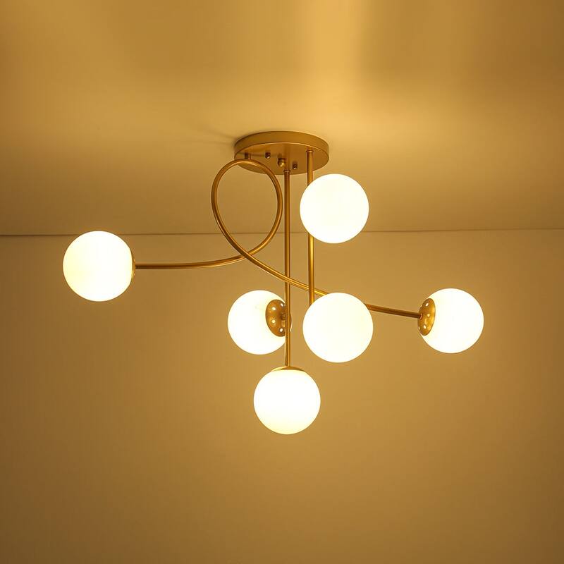 Modern 6-Light Milky Glass Globe Sputnik Semi Flush Mount