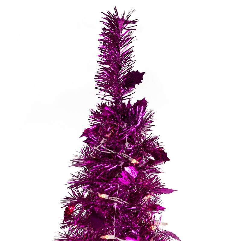 6' Pre-Lit Pink Tinsel Pop-Up Artificial Christmas Tree, Clear Lights - 6 Foot