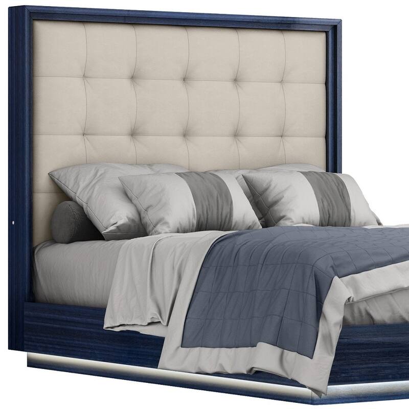 HomeRoots Blue and Gray Wood And Tufted Faux Leather Lighted Queen Bed Frame