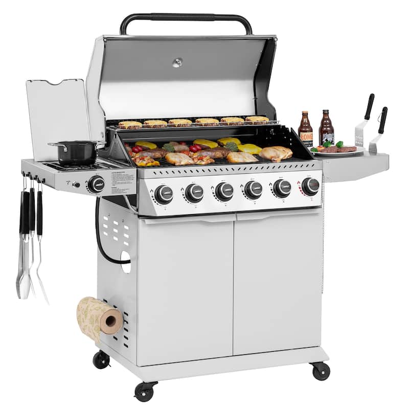 Royal Gourmet GA6406W 6-Burner Cabinet Style Gas Grill with Sear Burner & Side Burner, Stainless Steel Foldable Side Shelf