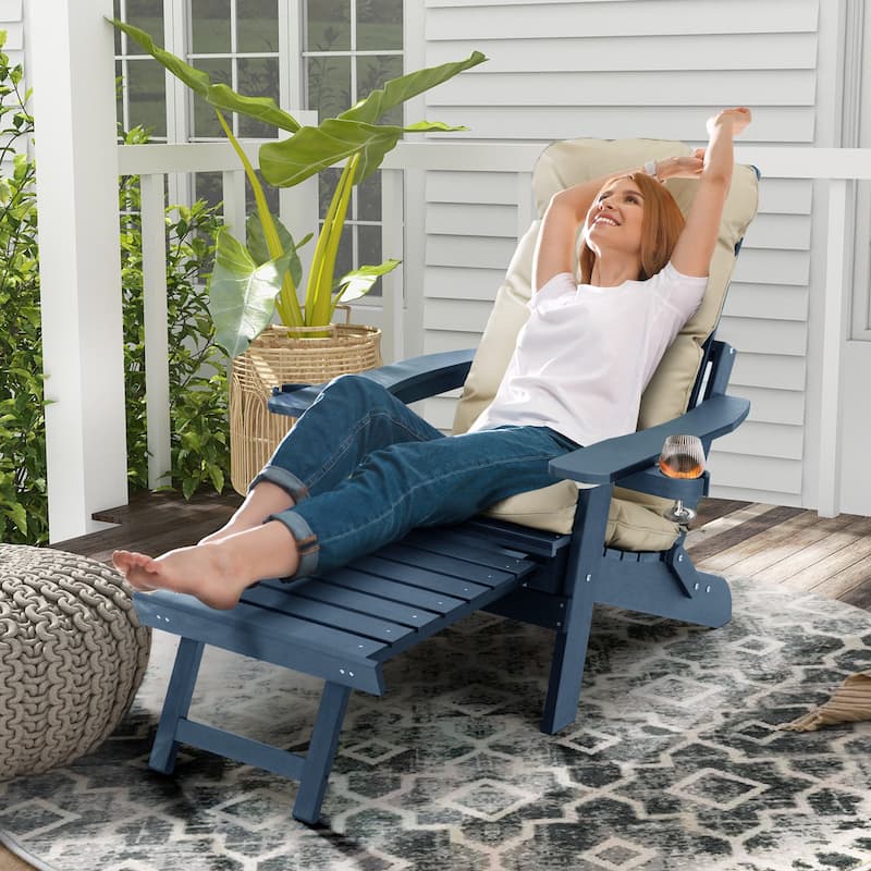 Poly Lumber Outdoor Adjustable Back Adirondack Chair with Ottoman Cup Holders and Cushion