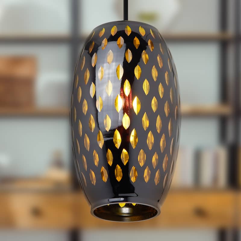 Adriana River of Goods Black Metal and Amber Glass 6-Inch Pendant Light with Adjustable Hanging Cord - 6" x 6" x 70.75"