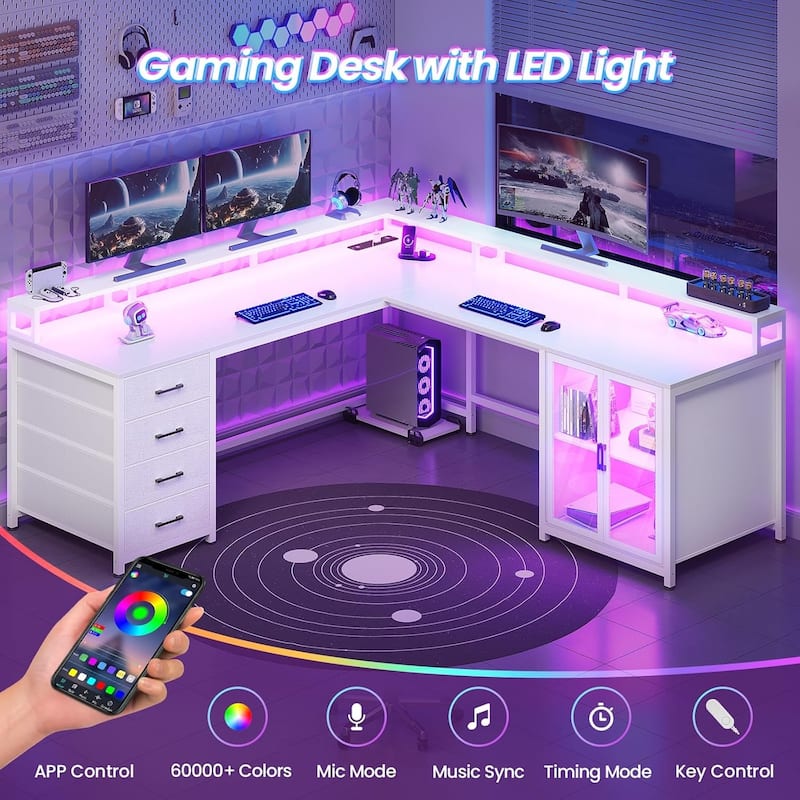 L Shaped Gaming Desk Drawers Computer Desk with Display Cabinet