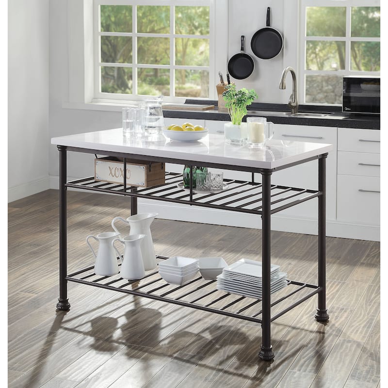 Freyja White Cultured Marble Top & Gray Finish Kitchen Island(no include stool)