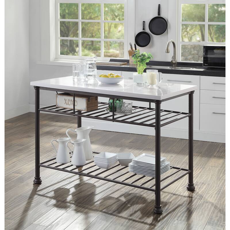 Freyja White Cultured Marble Top & Gray Finish Kitchen Island