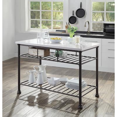 Freyja White Cultured Marble Top & Gray Finish Kitchen Island