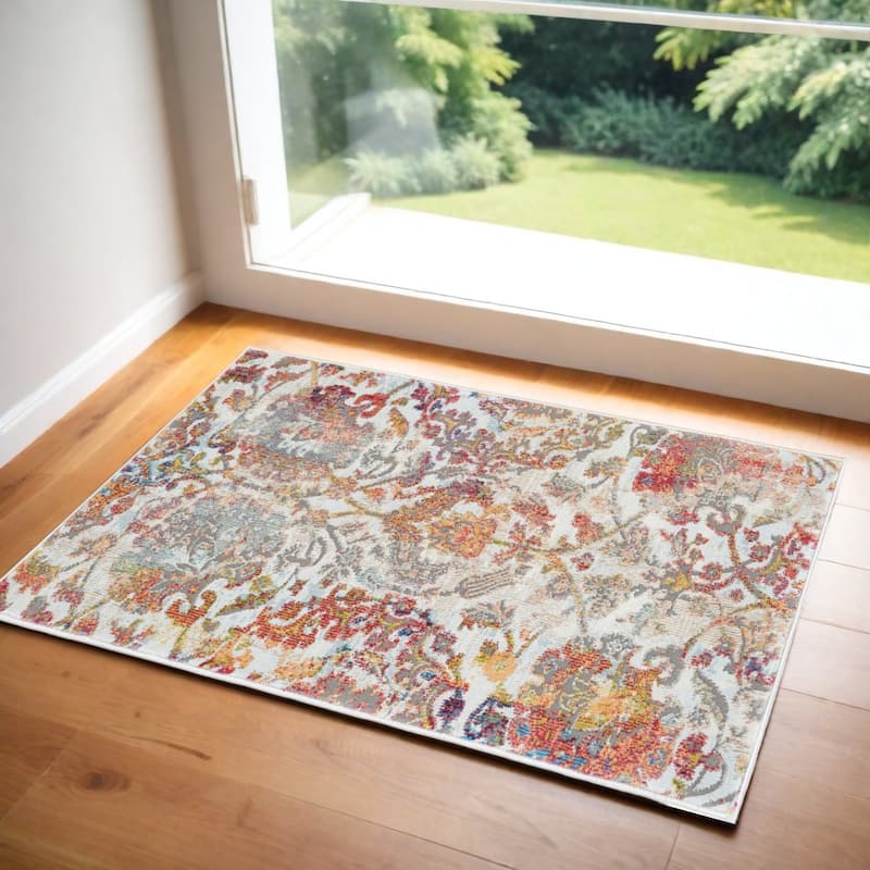 Power Loomed Distressed Floral Traditional Non Skid Stain Resistant Area Rug - 48' X '24' X '0.5 - 48' X '24' X '0.5 - Orange - Rectangle