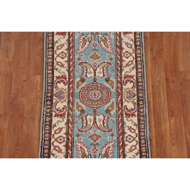 Light Blue Kazak Oriental Runner Rug Handmade Hallway Wool Carpet - 2'0" x 5'8"