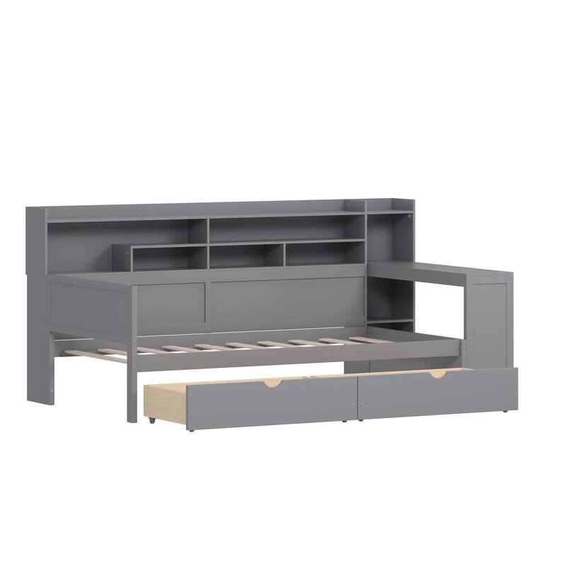 Wooden Daybed with Storage Shelves & Built-in Desk, 2 Under-Bed Storage Drawers, Corner Bed Frame with Study Desk, Bookshelf