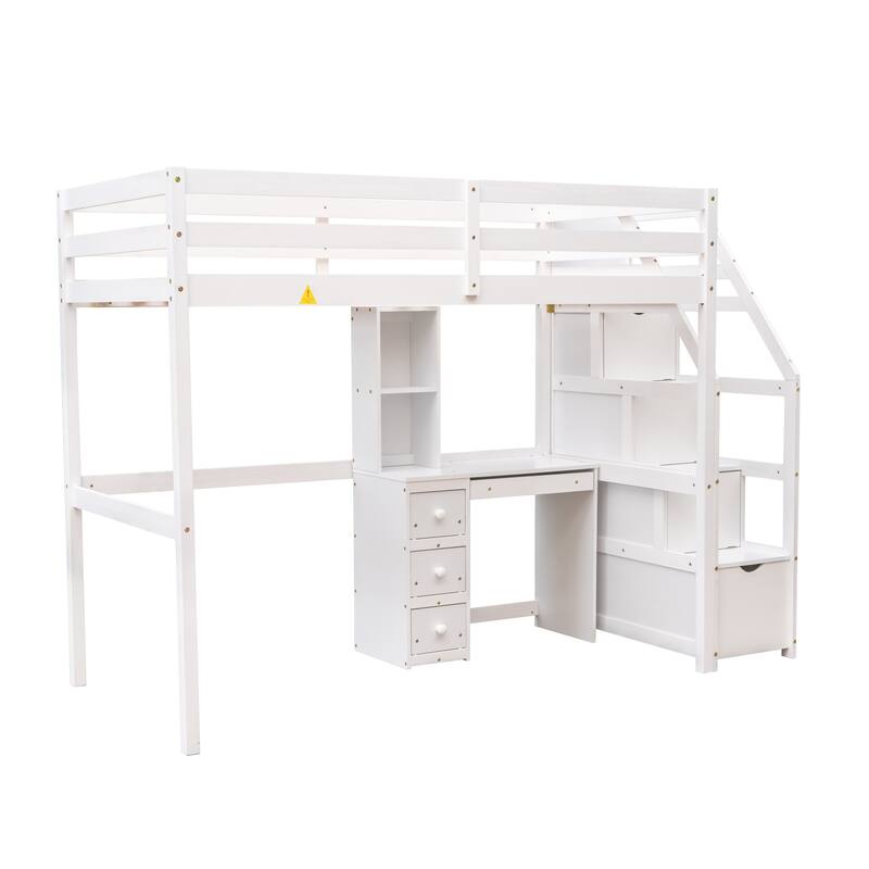 Twin Size Loft Bed with Stand-alone Bed, Storage Staircase, Desk, Shelves, and Drawers in White