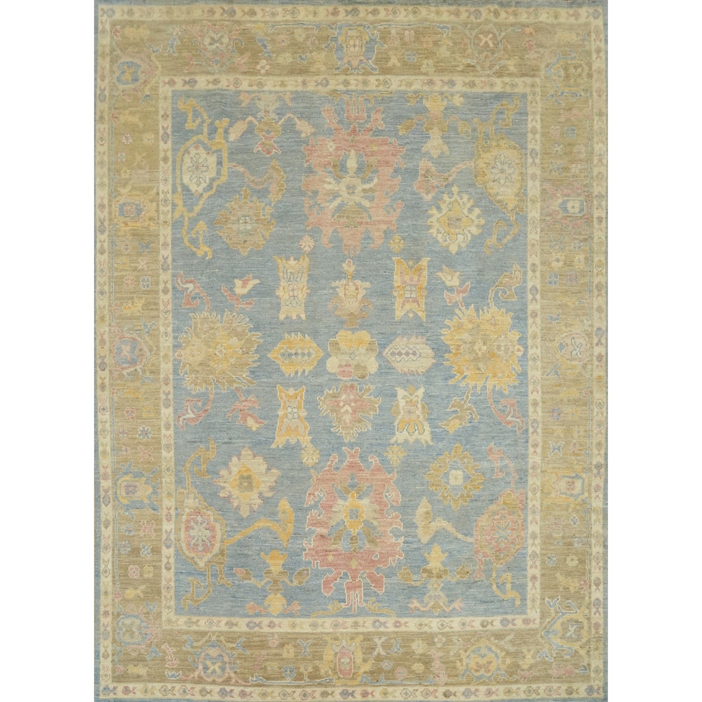 Vegetable Dye Blue Oushak Turkish Area Rug, Floral Geometric Carpet - 10' 0'' X 8' 5''