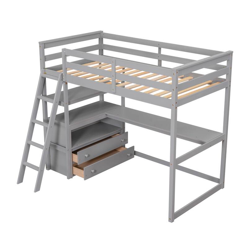 Twin Size Loft Bed with Desk, Shelves, and Two Drawers in Gray