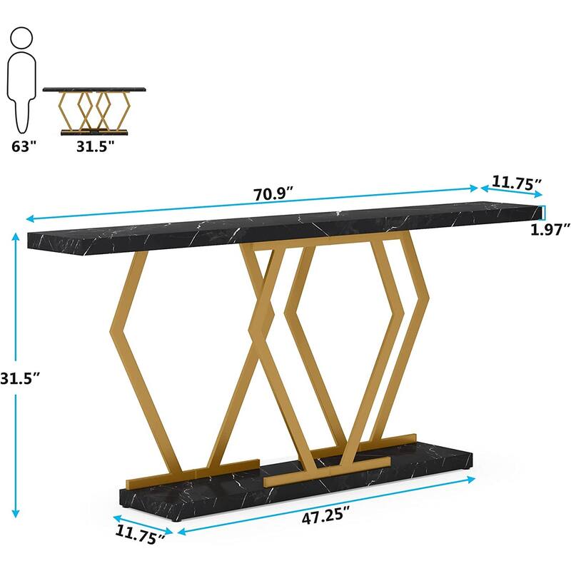 70.9 Inch Extra Long Modern Sofa Console Table with Faux Marble Tabletop Base Gold Frame for Living Room Entryway Hallway