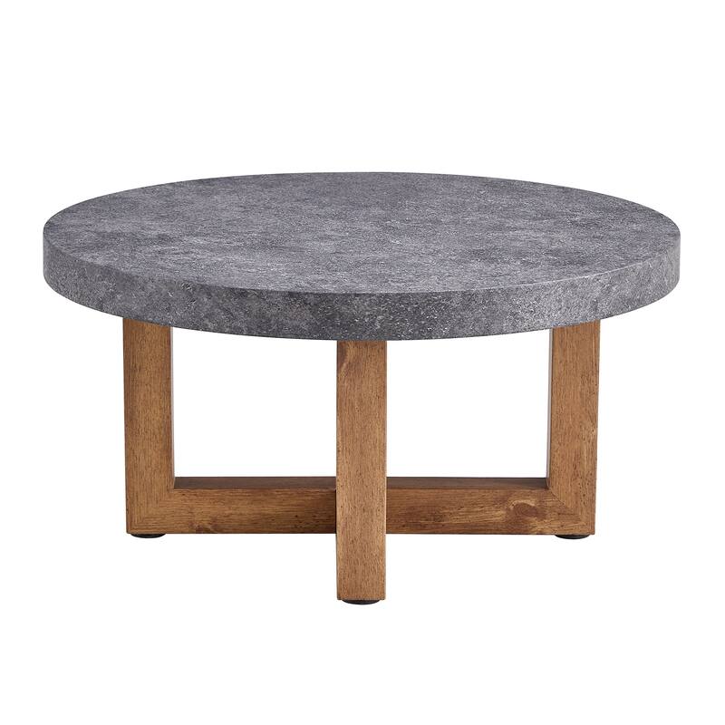 Modern Retro Round Coffee Table with Gray Textured Stickers and Anti-Slip Mat Wood Grain Table Legs, for Living Room