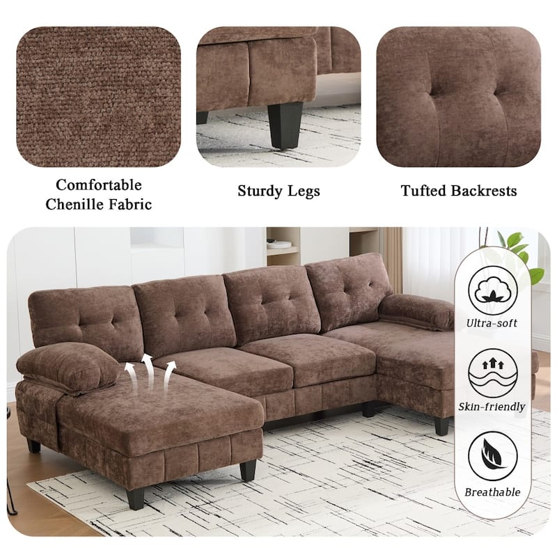103.5" Chenille Fabric U-shaped Sectional Sofa with Dual Chaise Lounges