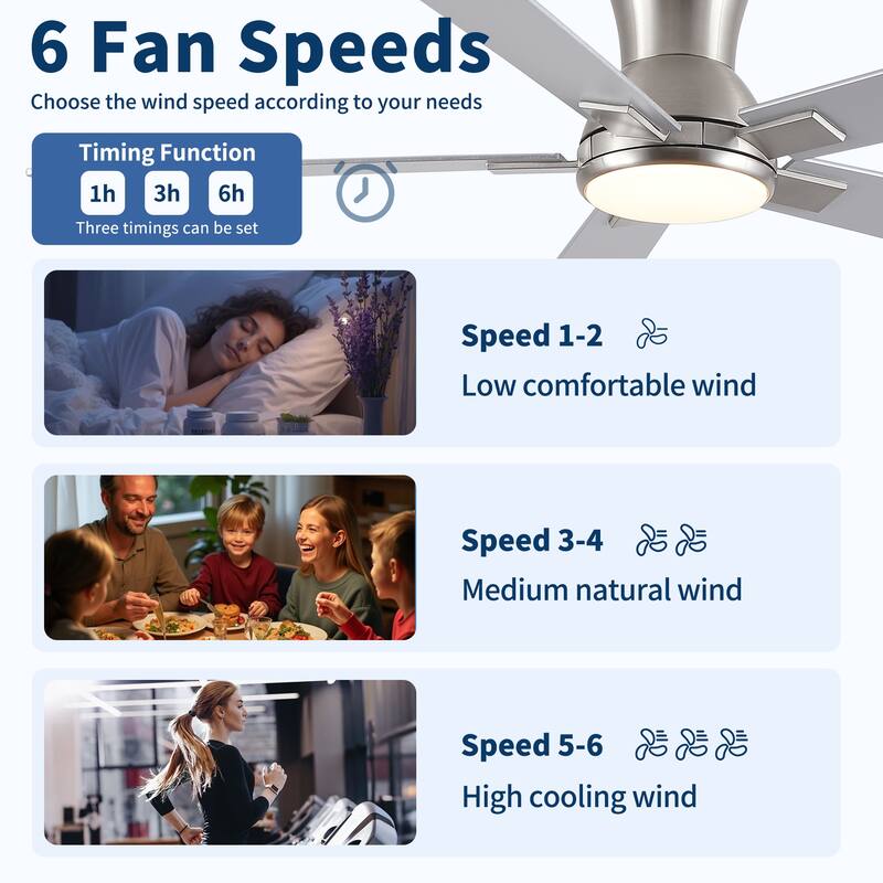 52" Modern Brushed Nickel Finish Reversible Quiet Motor Ceiling Fan with Light and Remote Control