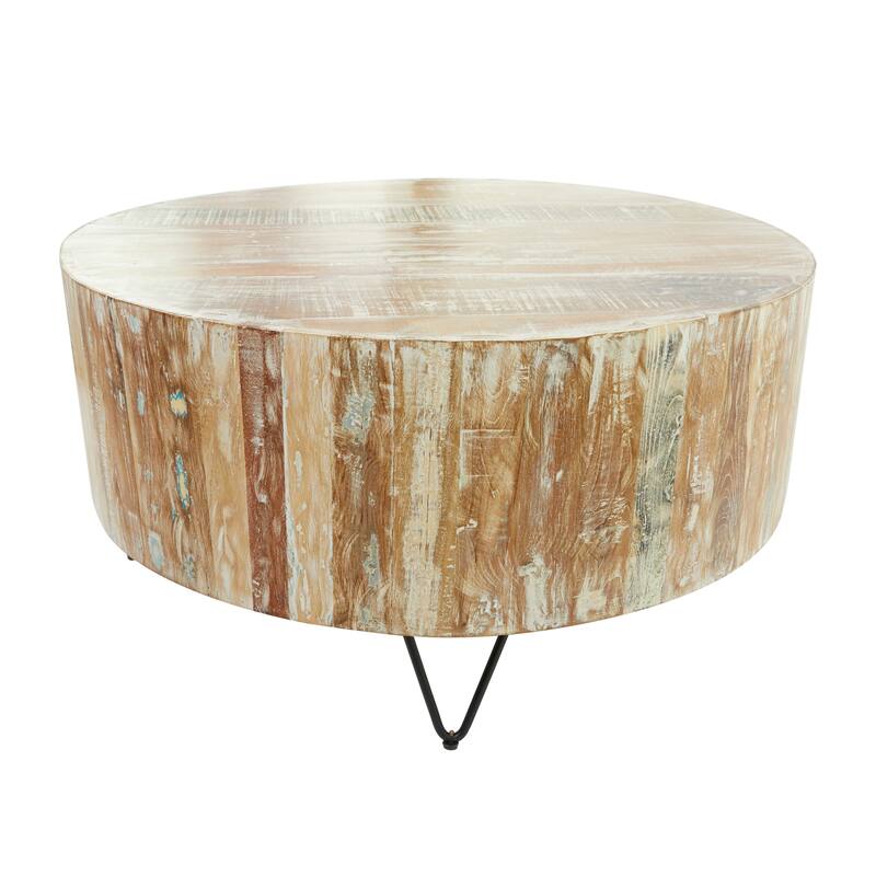 Mango Wood Handmade Distressed Coffee Table with Black Metal Hairpin Legs - Brown - Roche River Decor