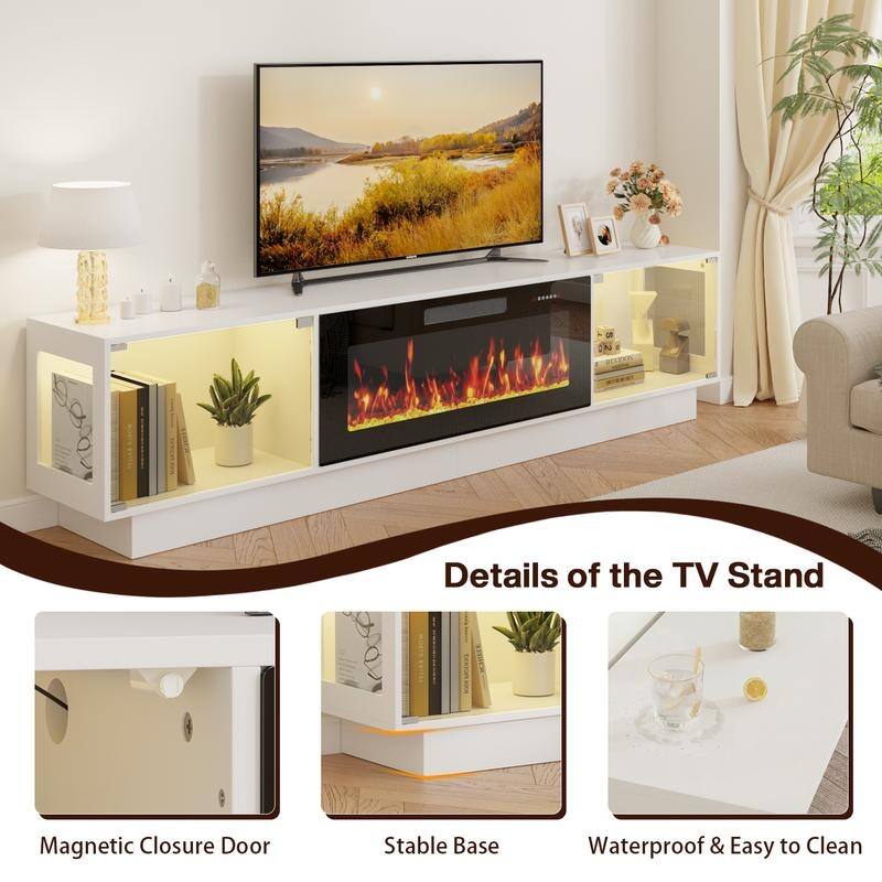 BOSSIN 80" Fireplace TV Stand with Adjustable LED Lights, Modern Entertainment Center with Glass Door Storage Cabinet, Black