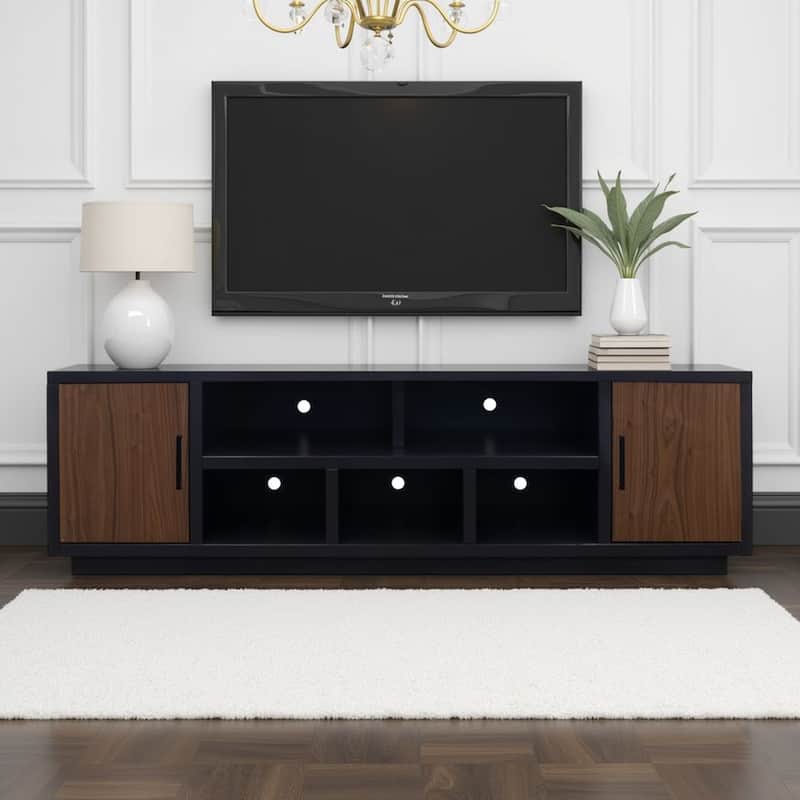 Bridgevine Home Aria 85 inch TV Stand for TVs up to 95 inches, No Assembly Required, Black and Walnut Finish - Black and Walnut