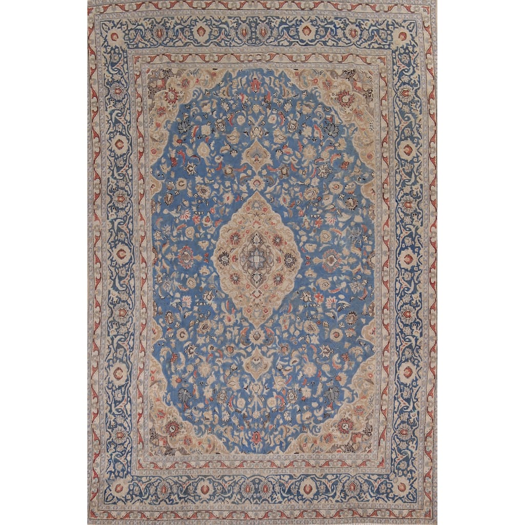 Blue Floral Tabriz Vintage Persian Area Rug Hand-Knotted Wool Carpet - 9'4" x 12'10"