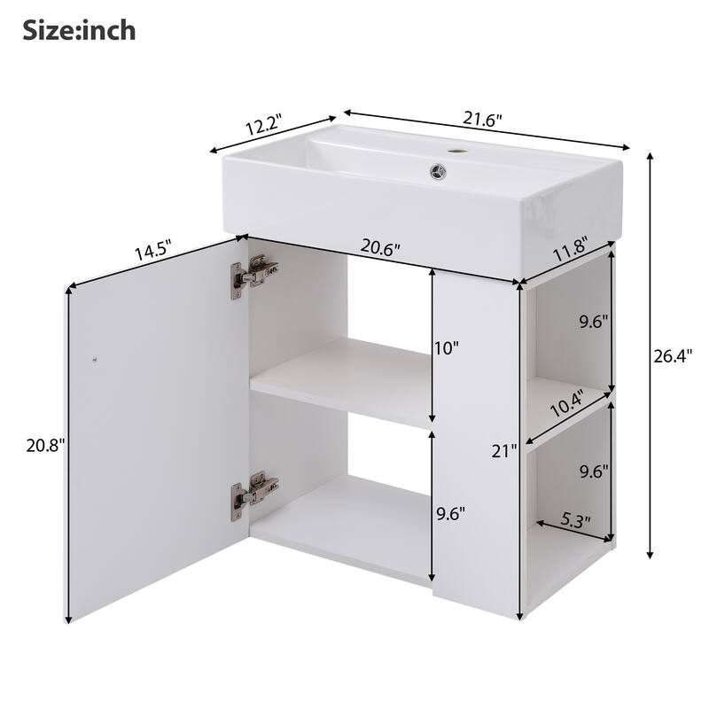 21.6" Modern Floating Bathroom Vanity with Ceramic Basin - Perfect for Small Bathrooms, Right side storage