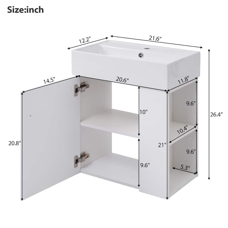 21.6" Modern Floating Bathroom Vanity with Ceramic Sink, Wave-Pattern Door, Rose Gold Handle, Side Storage