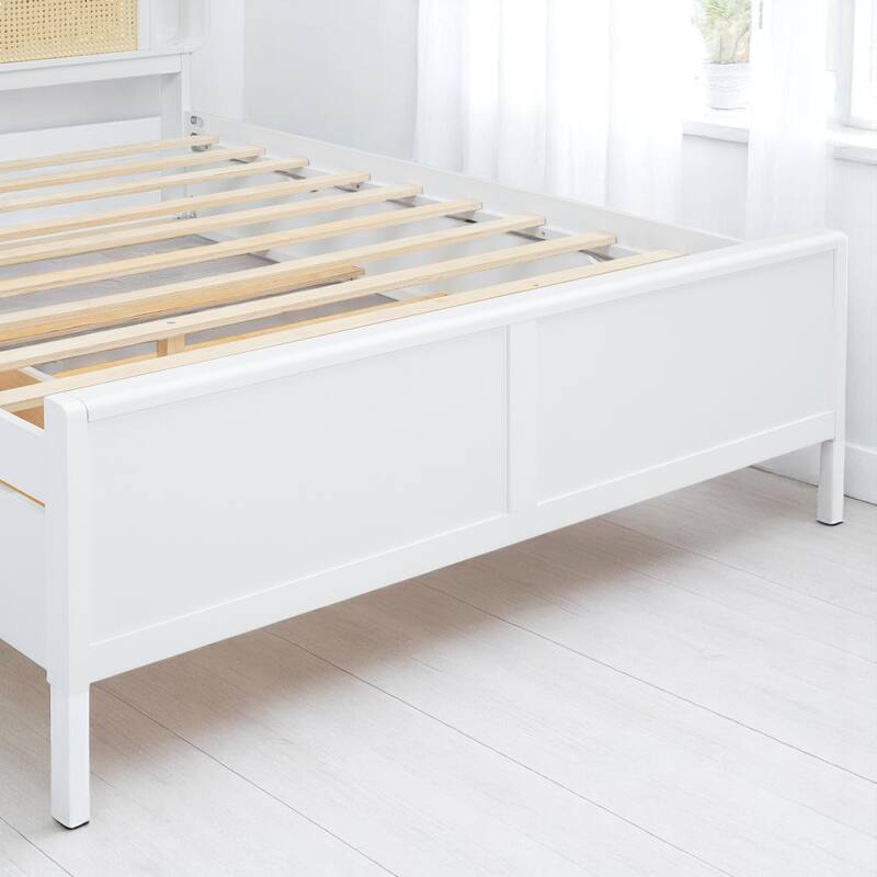 Queen Size Platform Bed with Rattan Headboard bed, 2 Drawers, Pull-Out Trundle bed, and Storage Compartments bed