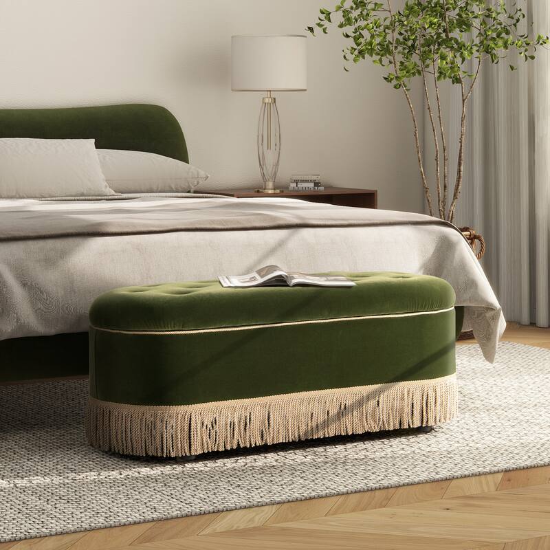 Melinda 48.5" Upholstered Tufted Oval Storage Bench with Bullion Fringe