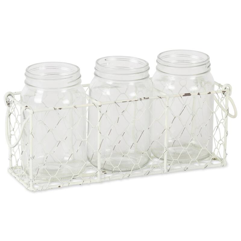 DII Vintage Grey Chickenwire Flatware Caddy With Clear Jars