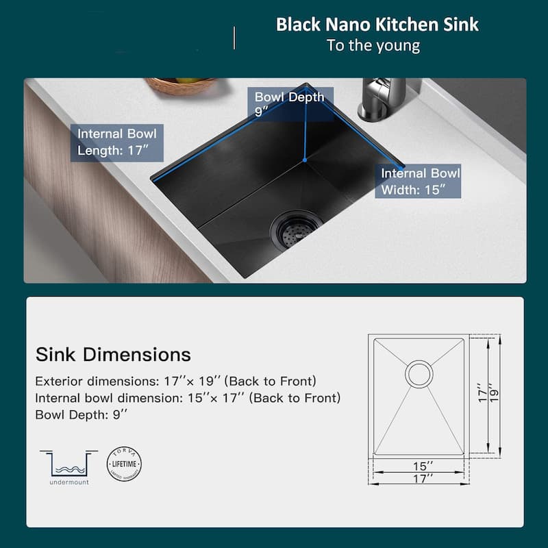 19" x 17" Stainless Steel Undermount Kitchen Sink with Black Coating