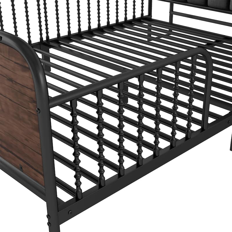 Kids Platform Bed Metal Frame with Linen Fabric Upholstered Storage Headboard Built-in Light Strip, Both Sides Rails
