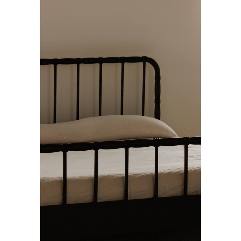 NADAAL STUDIOS Keaton King Bed, Soft Linen-Blend Upholstery, Tall Foam-Padded Headboard, Solid Pine Frame, Wheat