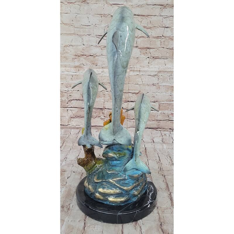 Colorful Bronze Sculpture Of Three Imitative Dolphins Leaping From Water - Signed Numbered Marine Life Art
