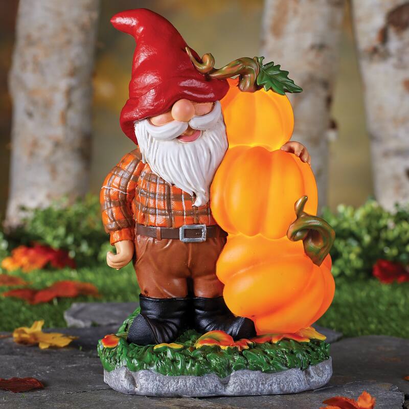 Autumn Gnome with Solar Powered Pumpkins Outdoor Garden Statue - 7 x 11.25 x 4.63 - Orange - 7 x 11.25 x 4.63 - Resin