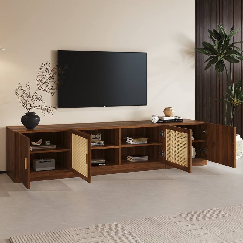 Rustic 78" TV Stand for TVs Up to 85", TV Console with Rattan Doors and Adjustable Shelf