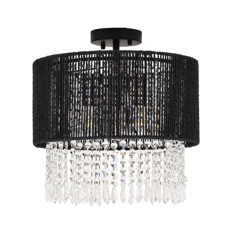 3 - Light Bohemian Rattan & Crystal Semi - Flush Mount Chandelier