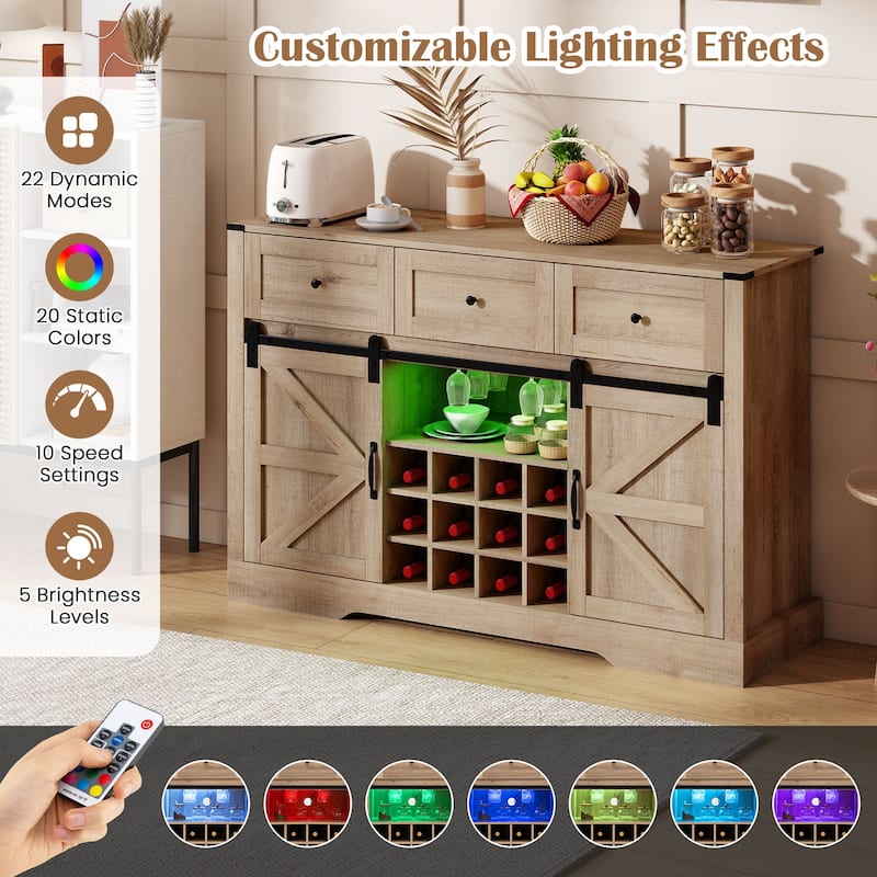 Gymax Wine Bar Cabinet w/LED Lights & Doors Coffee Station w/