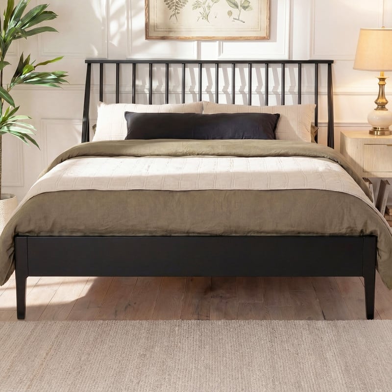 Bohemian Bamboo Spindle Platform Bed Frame with Wooden Slats and Metal Support, No Box Spring Needed, Low Profile Wingback Bed