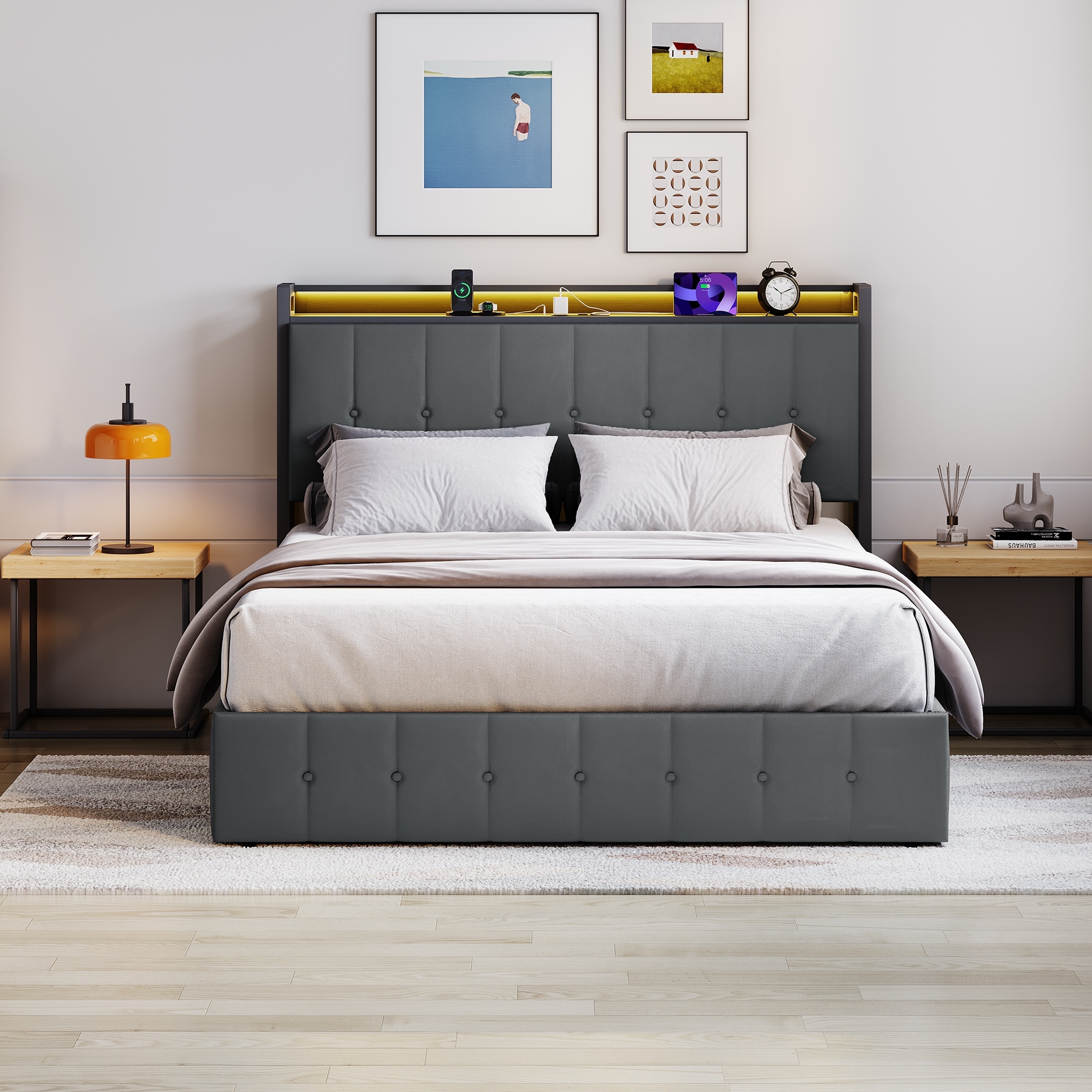 Bed Frame with Lift Up Storage, Upholstered Bed with Storage Headboard, Metal Platform Bed, Button Tufted Headboard