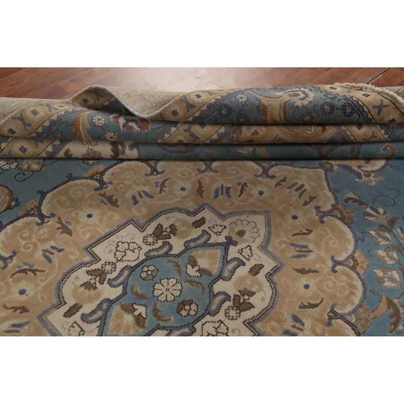 Light Blue Tabriz Persian Vintage Area Rug Hand-Knotted Wool Carpet - 9'7"x 12'6"
