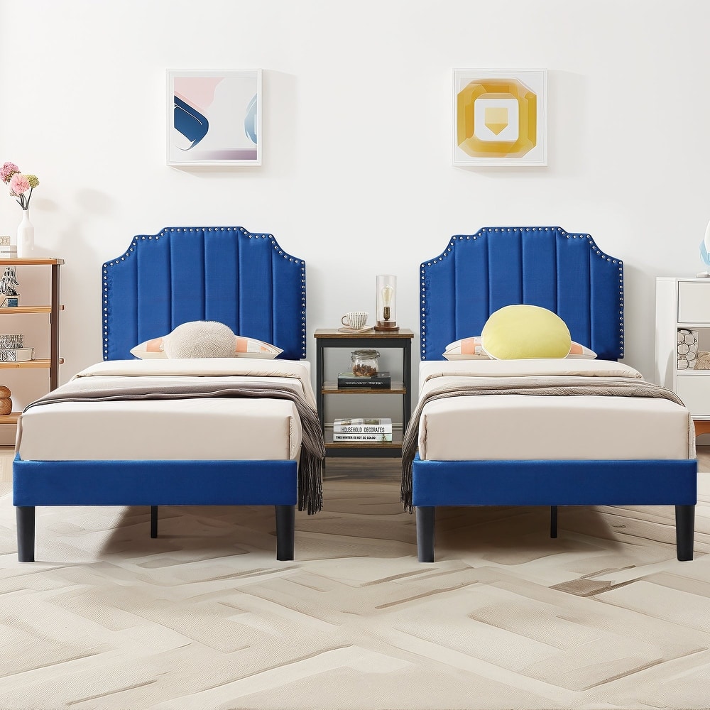 VECELO Double Twin Bed Set 41"-47" Adjustable Height Platform Bed with Nailhead Trim 7.8" Underbed Storage No Box Spring Needed