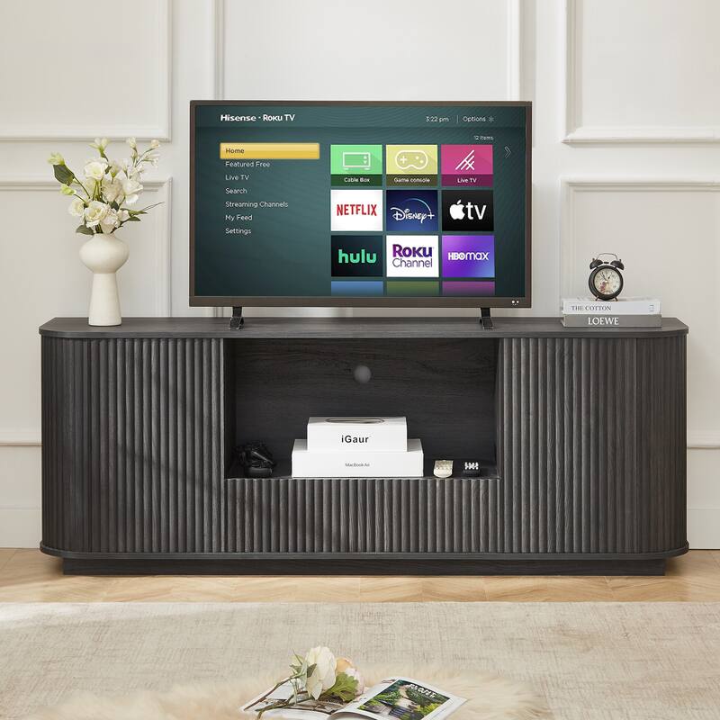 64-Inch Wavy TV Stand, Rounded Sideboard, Storage Cabinet, Wooden Vertical Stripe Cabinet for Living Room/Bedroom/Entryway - Black