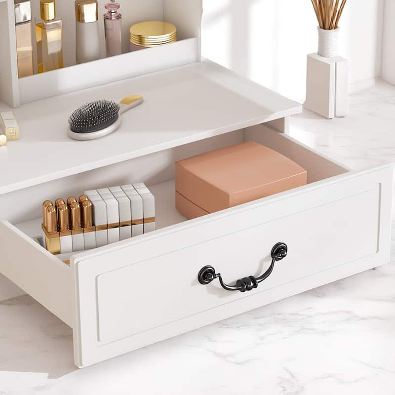 Mini Makeup Vanity with LED Lighted Mirror - Hidden Storage, Stool, 3 Light Modes, Multi-Tier Shelves