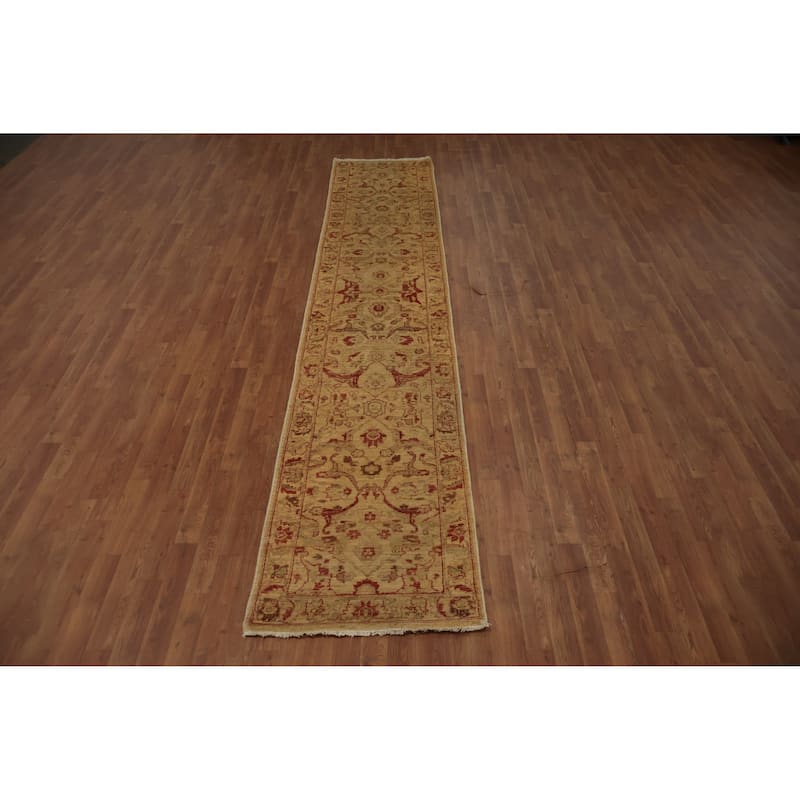 Hand Knotted Oriental 100% Wool Carpet Traditional Floral Beige & Ivories Peshawar Runner Rug - 12' 9'' X 2' 5''