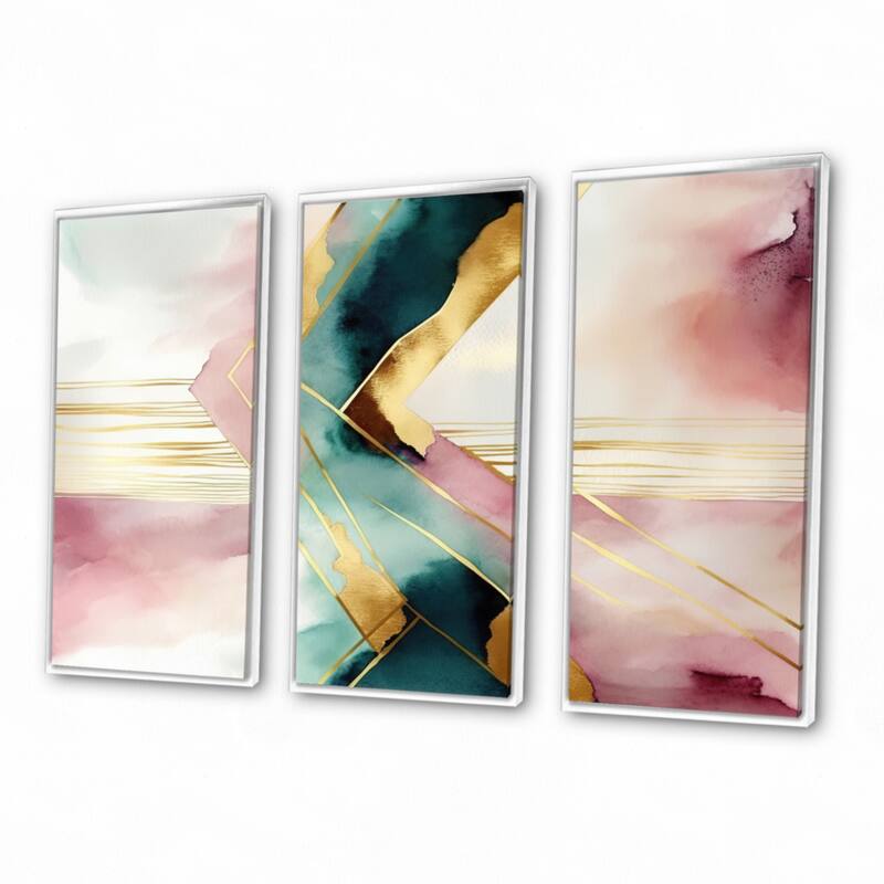 Designart "Abstract Geode Geometric Pink And Green III" Modern Geometric Framed Canvas Art Print - 3 Panels