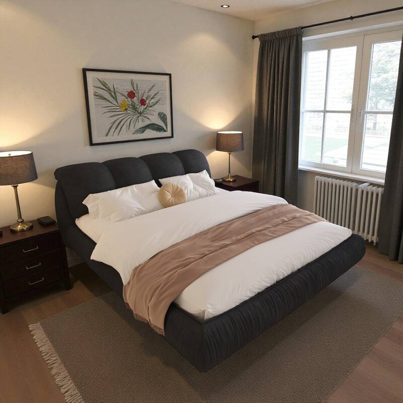 Queen/King Size Luxury Upholstered Platform Bed with Oversized Padded Headboard, Solid Wood Frame & Adjustable Mattress Height