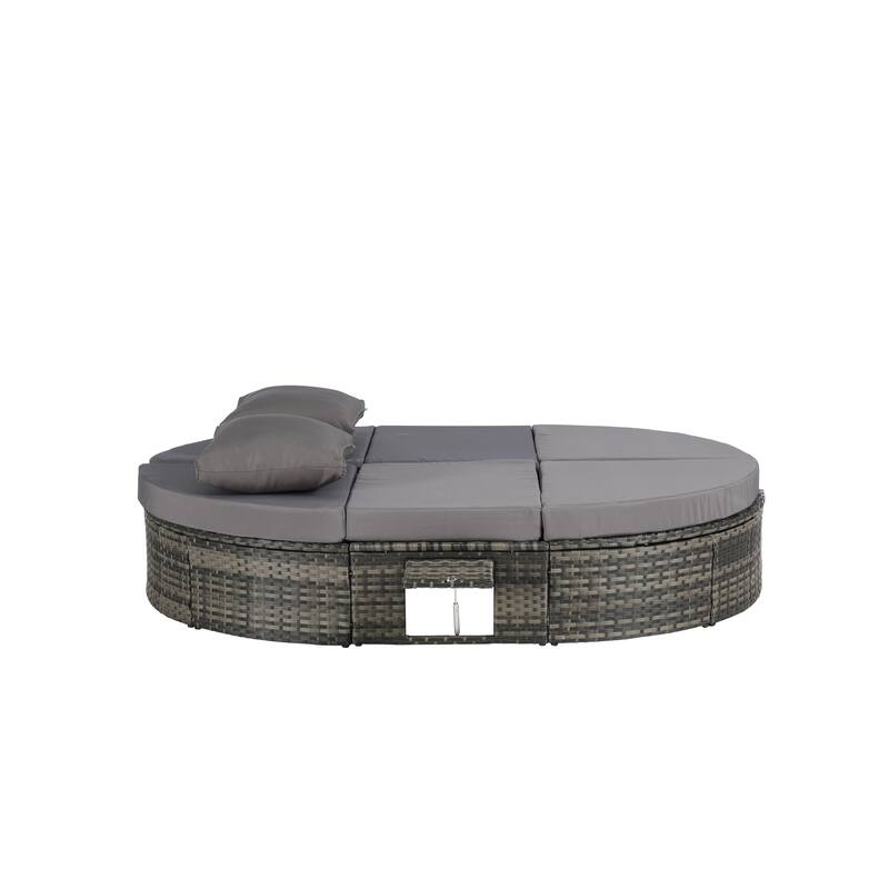 Outdoor Patio Rattan Round Daybed Sunbed with Adjustable Backrests and Foldable Cup Trays
