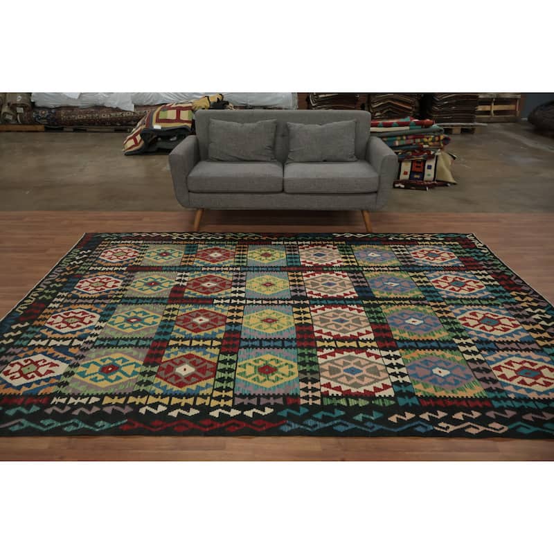 Hand Woven Oriental 100% Wool Carpet Southwestern Tribal Multi-Colored Kilim Area Rug - 9' 10'' X 6' 10''