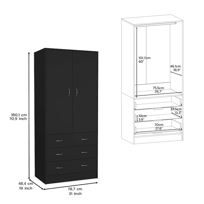 19" Modern Double-door Armoire with 3 Drawers and 1 Hanging Rod for Bedroom